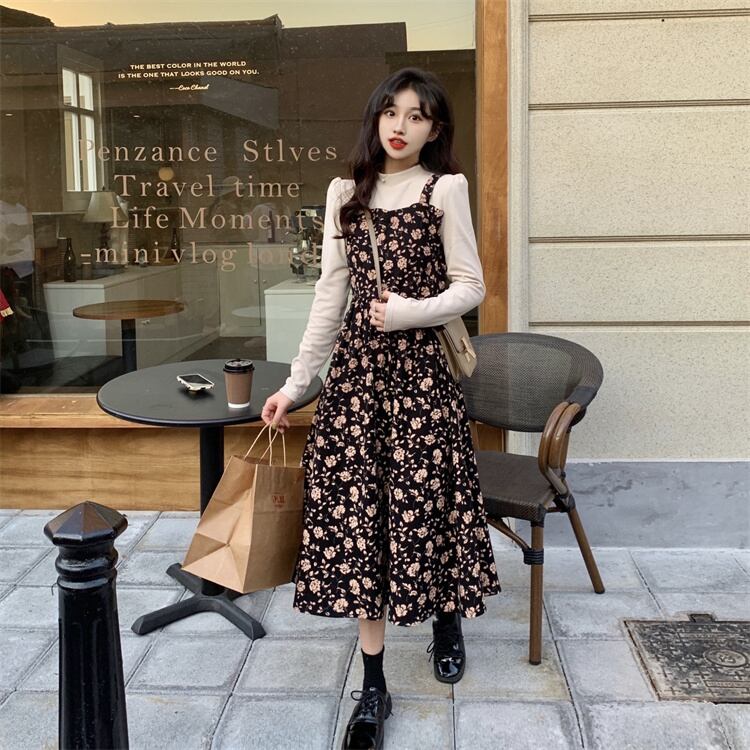 ワンピース ミディアムワンピース 花柄ワンピース 重ね着風 フェイクレイヤード 長袖 ハイウエスト