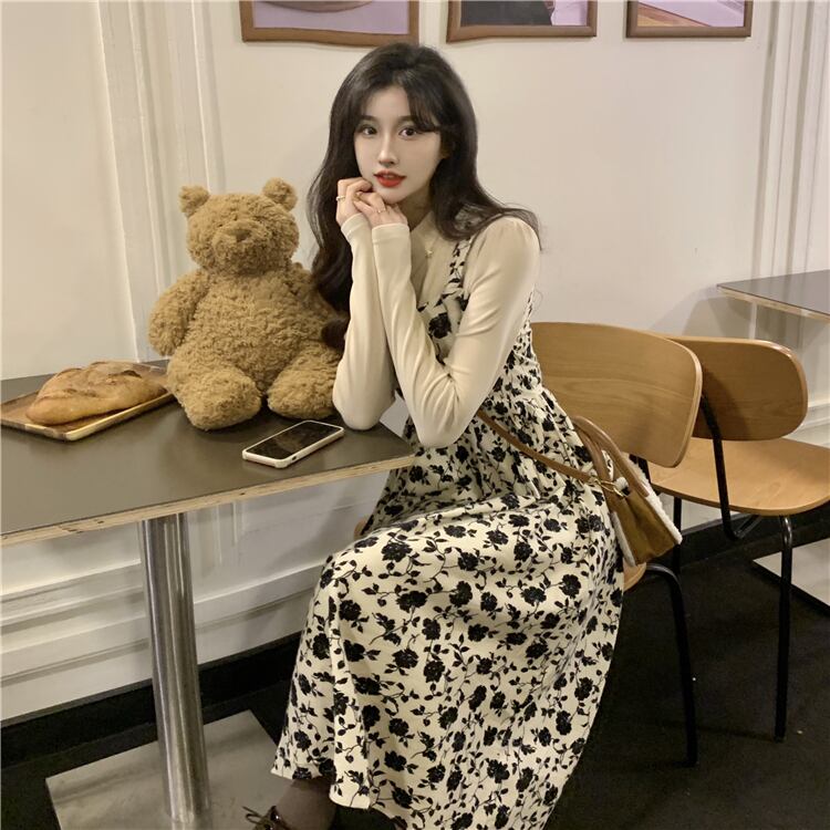 ワンピース ミディアムワンピース 花柄ワンピース 重ね着風 フェイクレイヤード 長袖 ハイウエスト