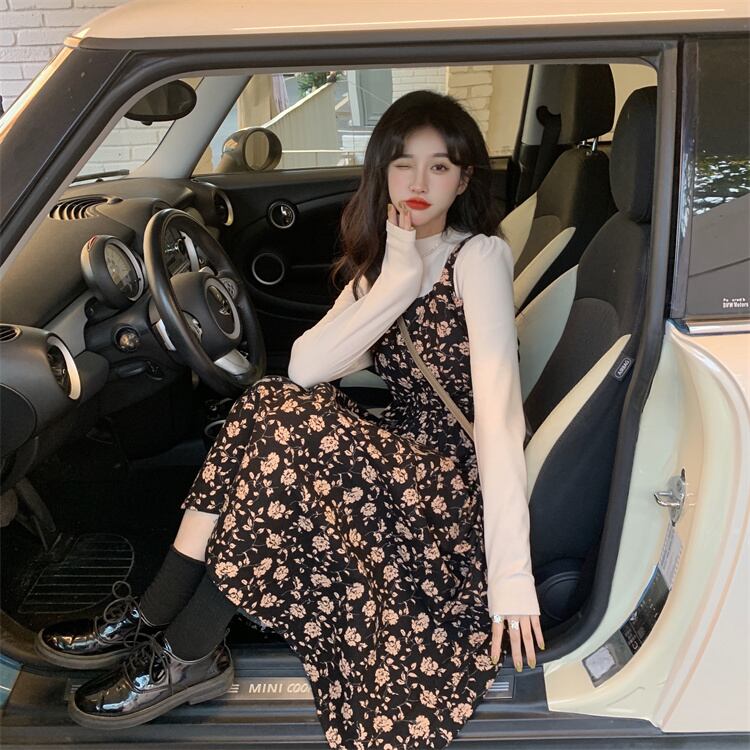 ワンピース ミディアムワンピース 花柄ワンピース 重ね着風 フェイクレイヤード 長袖 ハイウエスト