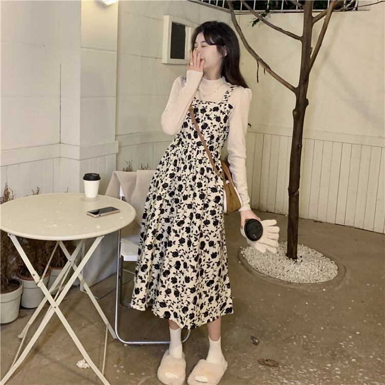 ワンピース ミディアムワンピース 花柄ワンピース 重ね着風 フェイクレイヤード 長袖 ハイウエスト