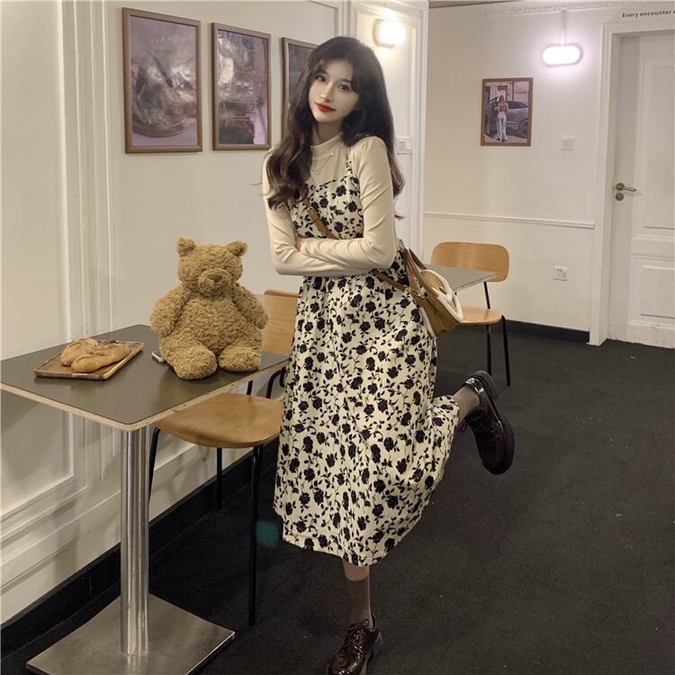 ワンピース ミディアムワンピース 花柄ワンピース 重ね着風 フェイクレイヤード 長袖 ハイウエスト