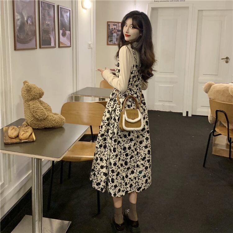 ワンピース ミディアムワンピース 花柄ワンピース 重ね着風 フェイクレイヤード 長袖 ハイウエスト