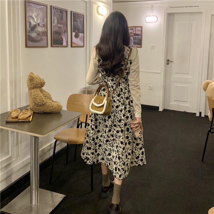 ワンピース ミディアムワンピース 花柄ワンピース 重ね着風 フェイクレイヤード 長袖 ハイウエスト