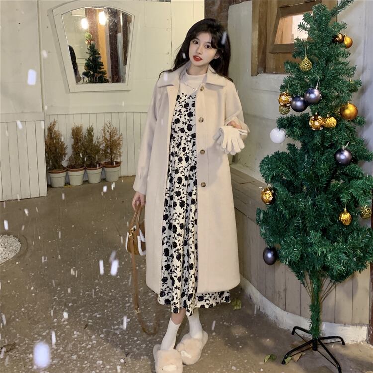 ワンピース ミディアムワンピース 花柄ワンピース 重ね着風 フェイクレイヤード 長袖 ハイウエスト