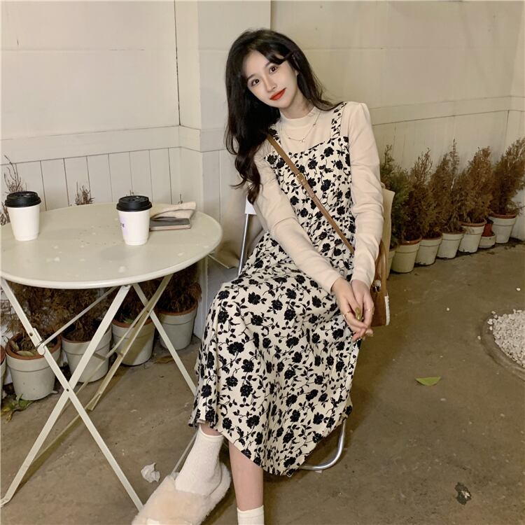 ワンピース ミディアムワンピース 花柄ワンピース 重ね着風 フェイクレイヤード 長袖 ハイウエスト