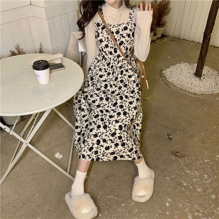 ワンピース ミディアムワンピース 花柄ワンピース 重ね着風 フェイクレイヤード 長袖 ハイウエスト