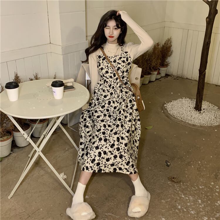 ワンピース ミディアムワンピース 花柄ワンピース 重ね着風 フェイクレイヤード 長袖 ハイウエスト