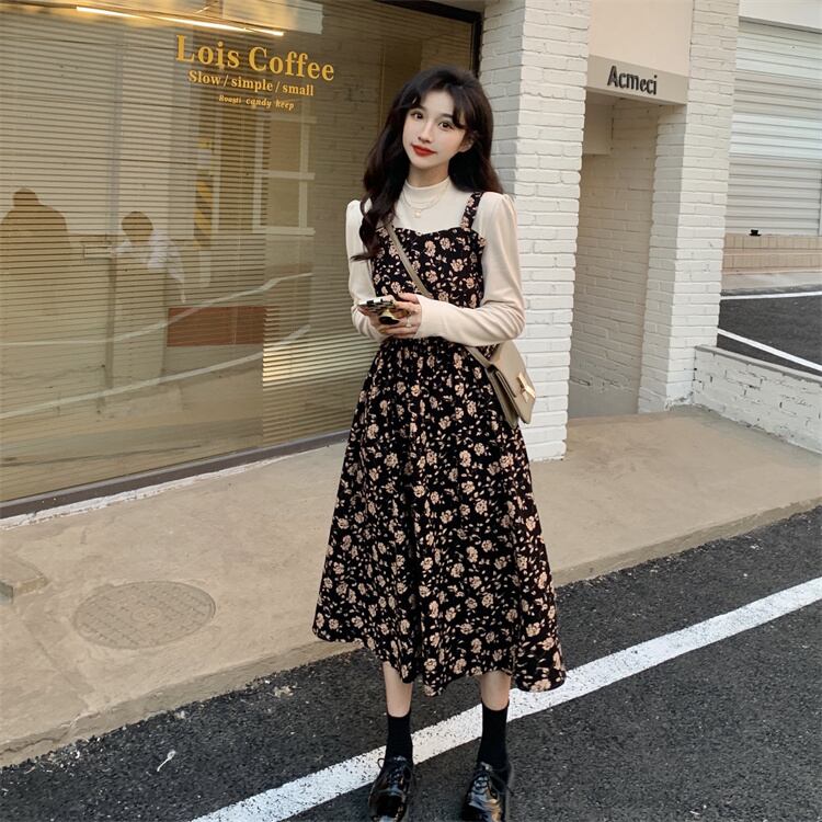 ワンピース ミディアムワンピース 花柄ワンピース 重ね着風 フェイクレイヤード 長袖 ハイウエスト