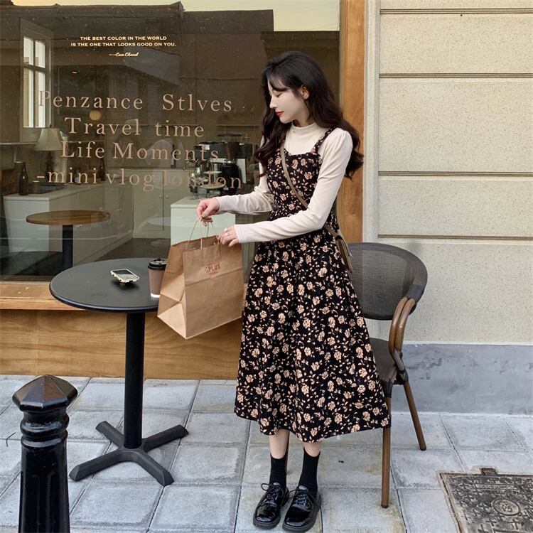 ワンピース ミディアムワンピース 花柄ワンピース 重ね着風 フェイクレイヤード 長袖 ハイウエスト