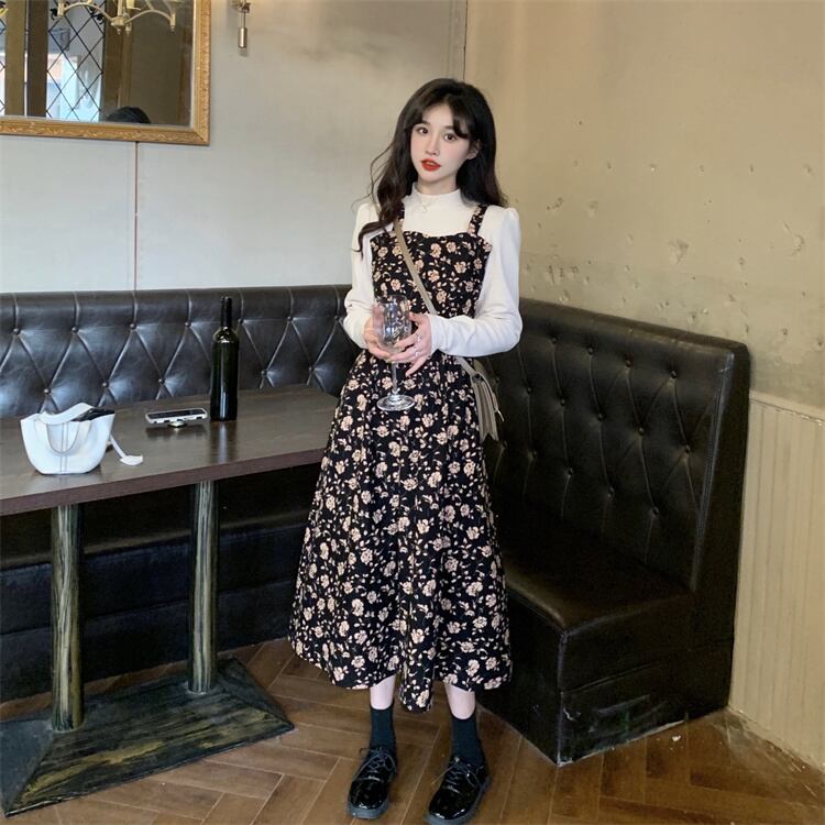 ワンピース ミディアムワンピース 花柄ワンピース 重ね着風 フェイクレイヤード 長袖 ハイウエスト
