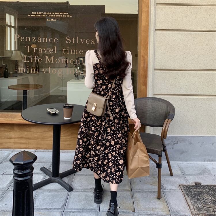 ワンピース ミディアムワンピース 花柄ワンピース 重ね着風 フェイクレイヤード 長袖 ハイウエスト