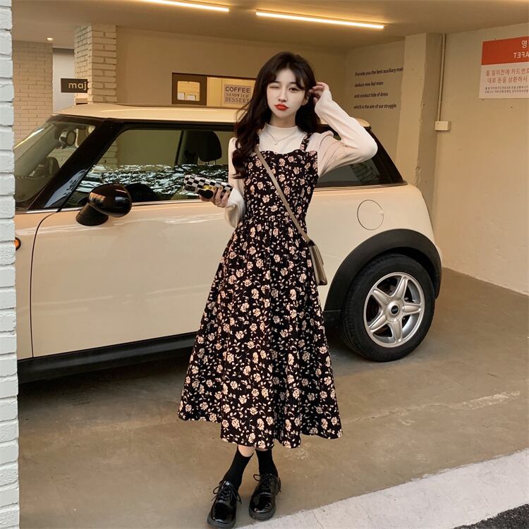 ワンピース ミディアムワンピース 花柄ワンピース 重ね着風 フェイクレイヤード 長袖 ハイウエスト