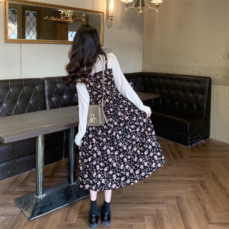 ワンピース ミディアムワンピース 花柄ワンピース 重ね着風 フェイクレイヤード 長袖 ハイウエスト