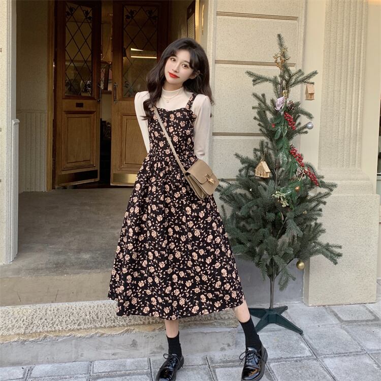 ワンピース ミディアムワンピース 花柄ワンピース 重ね着風 フェイクレイヤード 長袖 ハイウエスト