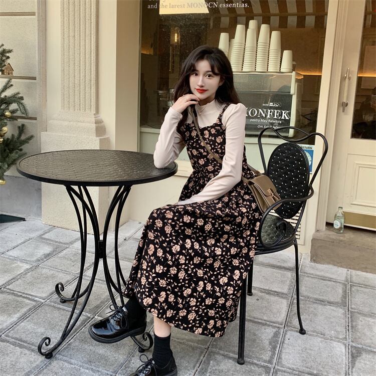 ワンピース ミディアムワンピース 花柄ワンピース 重ね着風 フェイクレイヤード 長袖 ハイウエスト