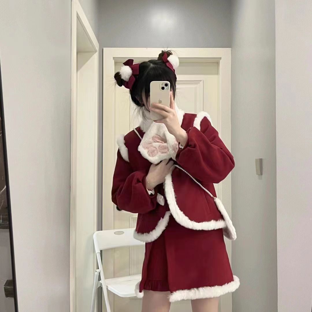 サンタコス レッド クリスマス ショートスカート +アウター冬用 セット ツーピース