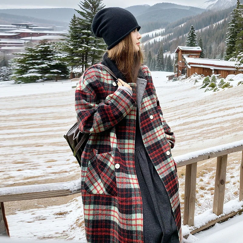 レトロチェック両面ツイードカシミヤコート2024新気質ブリティッシュスタイルロング厚手ツイードジャケット レトロチェック両面ツイードカシミヤコート2024新気質ブリティッシュスタイルロング厚手ツイードジャケット