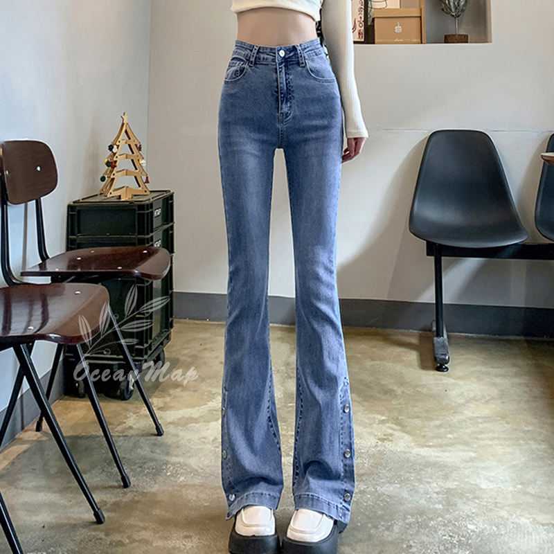 デニムパンツ レディース センタースリット 中厚手 ロング丈 ストレート フレアシルエット ジーンズ スキニーパンツ ストレッチ スリムフィット カットオフ ハイウエスト ロングパンツ 美脚 パンツ
