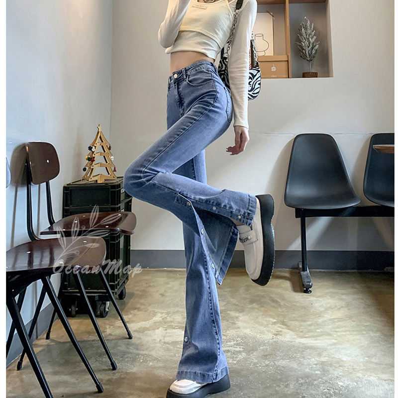 デニムパンツ レディース センタースリット 中厚手 ロング丈 ストレート フレアシルエット ジーンズ スキニーパンツ ストレッチ スリムフィット カットオフ ハイウエスト ロングパンツ 美脚 パンツ