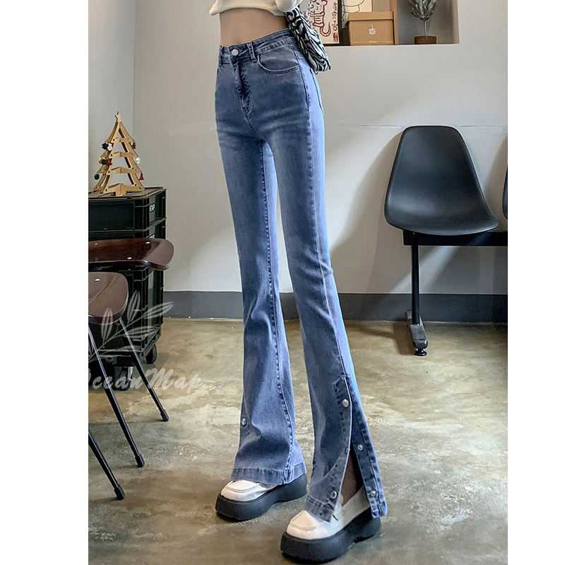 デニムパンツ レディース センタースリット 中厚手 ロング丈 ストレート フレアシルエット ジーンズ スキニーパンツ ストレッチ スリムフィット カットオフ ハイウエスト ロングパンツ 美脚 パンツ