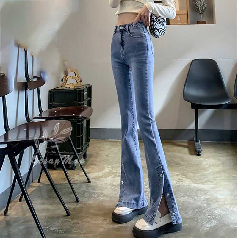 デニムパンツ レディース センタースリット 中厚手 ロング丈 ストレート フレアシルエット ジーンズ スキニーパンツ ストレッチ スリムフィット カットオフ ハイウエスト ロングパンツ 美脚 パンツ