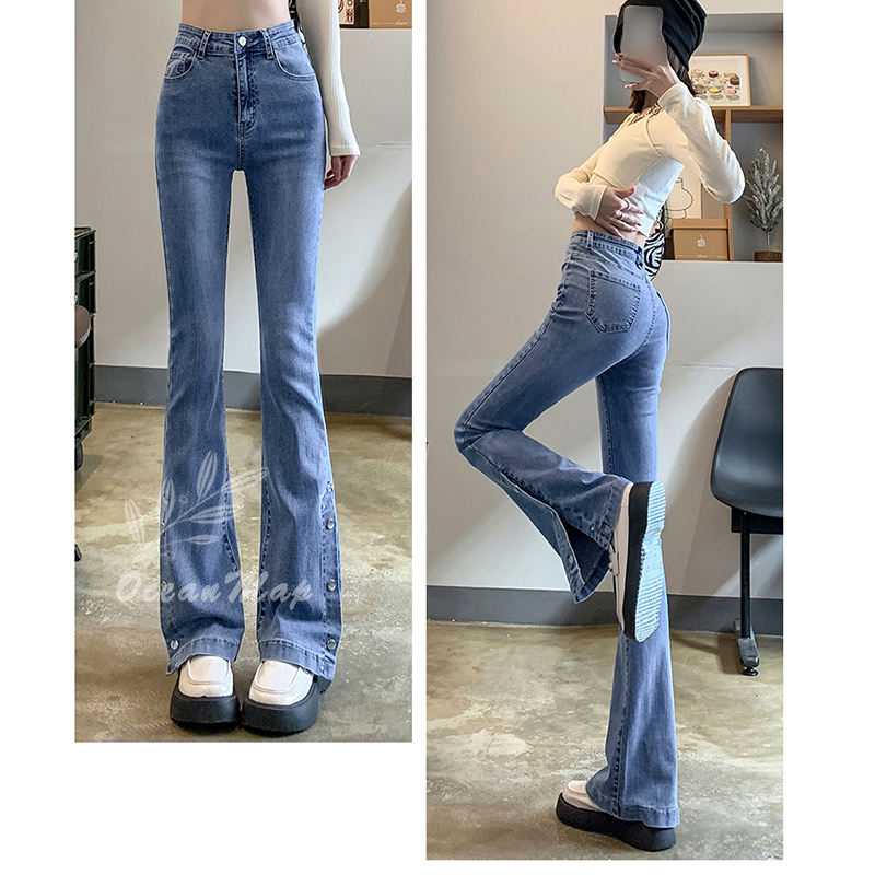 デニムパンツ レディース センタースリット 中厚手 ロング丈 ストレート フレアシルエット ジーンズ スキニーパンツ ストレッチ スリムフィット カットオフ ハイウエスト ロングパンツ 美脚 パンツ