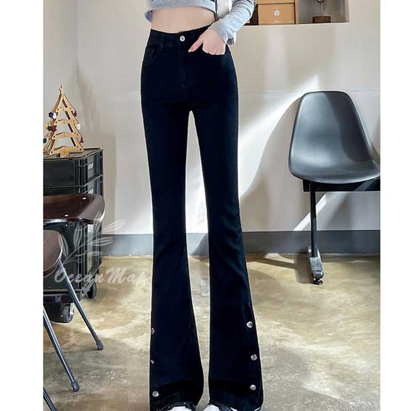 デニムパンツ レディース センタースリット 中厚手 ロング丈 ストレート フレアシルエット ジーンズ スキニーパンツ ストレッチ スリムフィット カットオフ ハイウエスト ロングパンツ 美脚 パンツ
