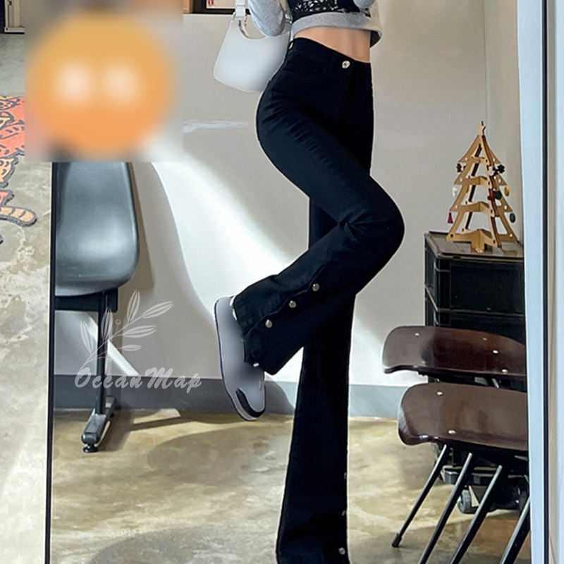 デニムパンツ レディース センタースリット 中厚手 ロング丈 ストレート フレアシルエット ジーンズ スキニーパンツ ストレッチ スリムフィット カットオフ ハイウエスト ロングパンツ 美脚 パンツ