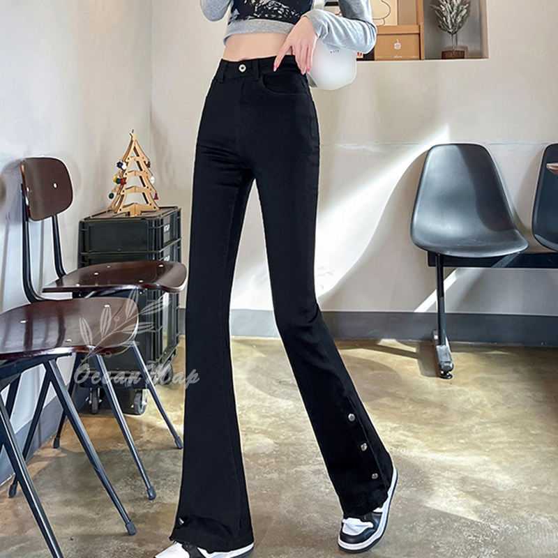 デニムパンツ レディース センタースリット 中厚手 ロング丈 ストレート フレアシルエット ジーンズ スキニーパンツ ストレッチ スリムフィット カットオフ ハイウエスト ロングパンツ 美脚 パンツ