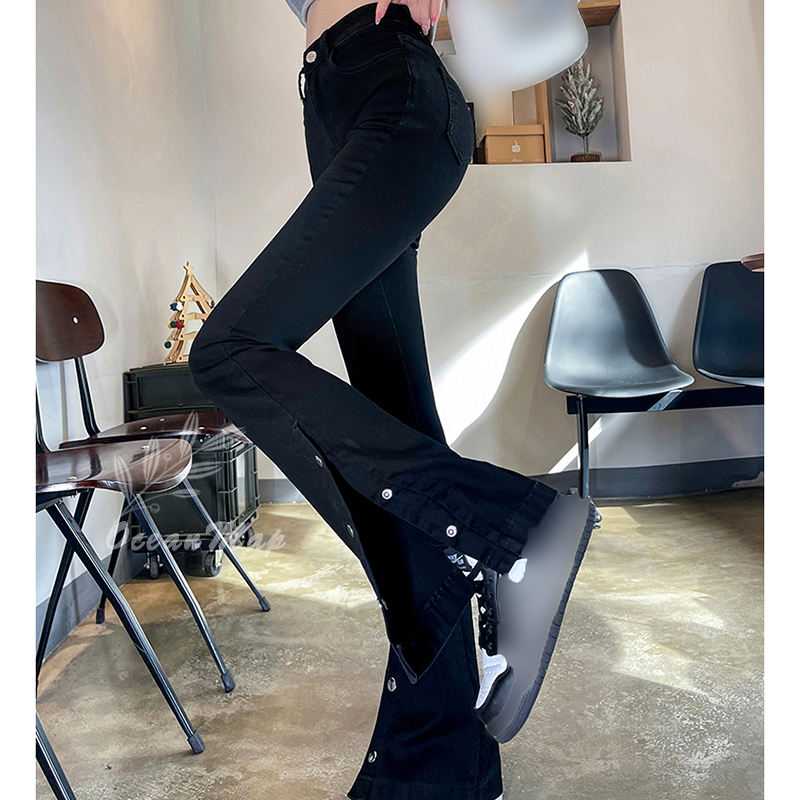 デニムパンツ レディース センタースリット 中厚手 ロング丈 ストレート フレアシルエット ジーンズ スキニーパンツ ストレッチ スリムフィット カットオフ ハイウエスト ロングパンツ 美脚 パンツ