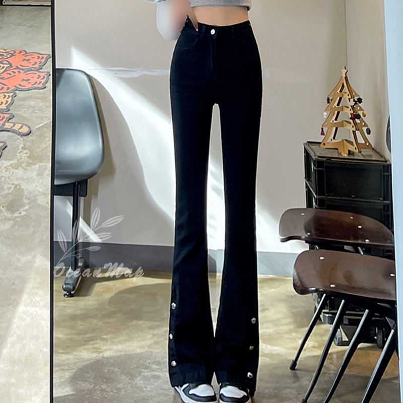 デニムパンツ レディース センタースリット 中厚手 ロング丈 ストレート フレアシルエット ジーンズ スキニーパンツ ストレッチ スリムフィット カットオフ ハイウエスト ロングパンツ 美脚 パンツ