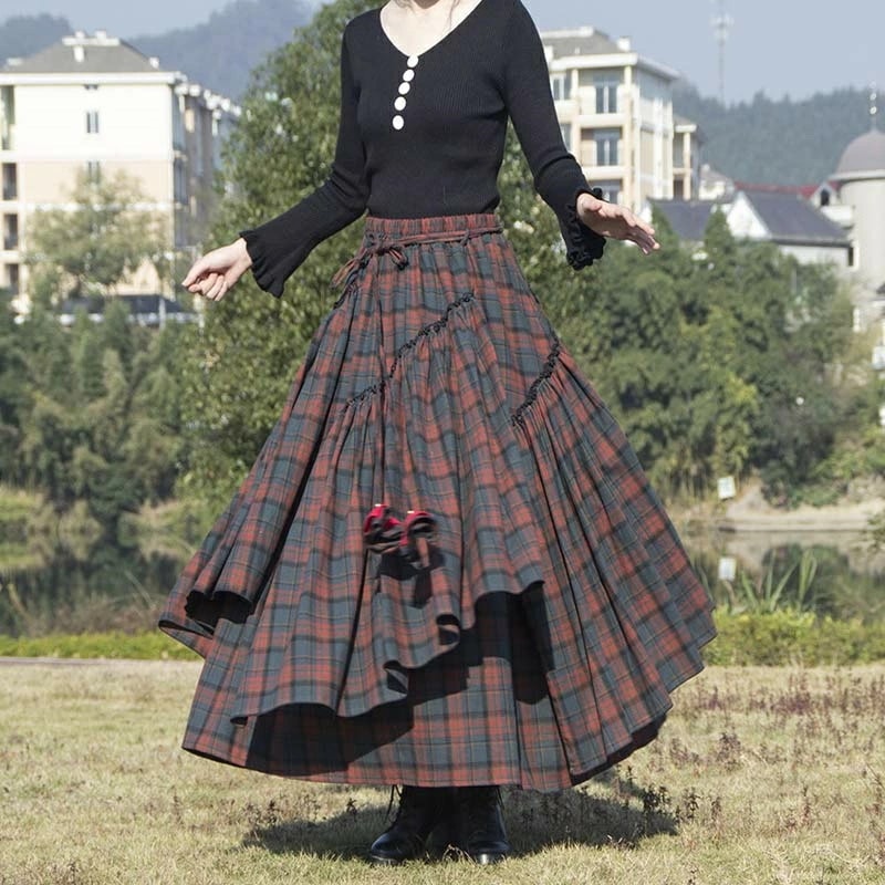 チェック柄 スカート ロングスカート レディース マキシ マキシスカート 秋冬 ドッキング Aラインスカート Aライン フレア フレアスカート ボトムス ロング 大きいサイズ ウエストゴム 広がる ゆ
