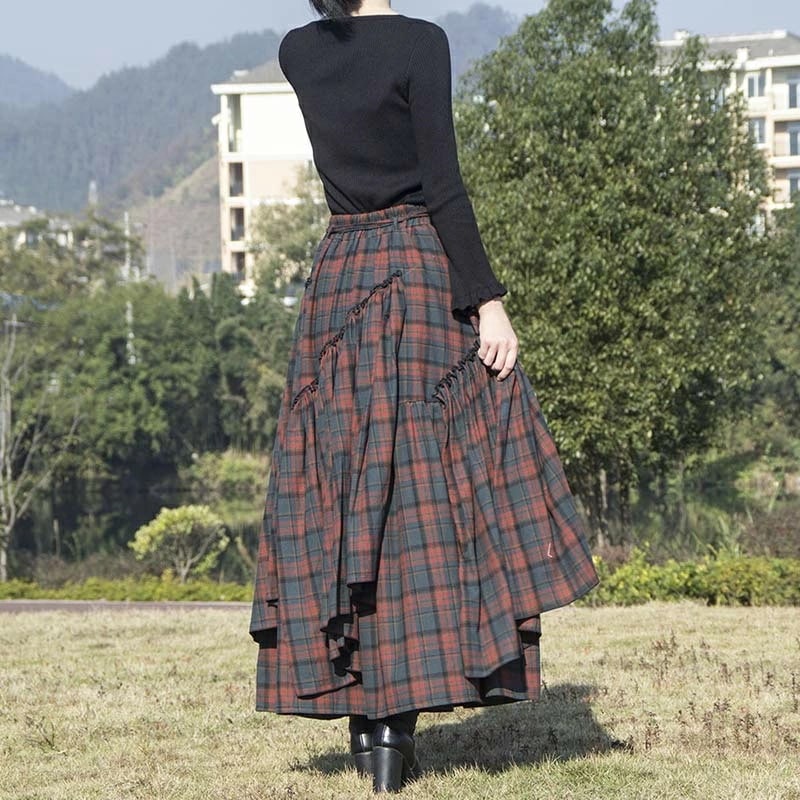 チェック柄 スカート ロングスカート レディース マキシ マキシスカート 秋冬 ドッキング Aラインスカート Aライン フレア フレアスカート ボトムス ロング 大きいサイズ ウエストゴム 広がる ゆ