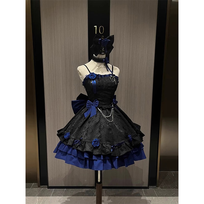 黒と青のゴスロリドレス女性jskロマンチックドレスロリータ重工ハロウィン衣装 黒と青のゴスロリドレス女性jskロマンチックドレスロリータ重工ハロウィン衣装