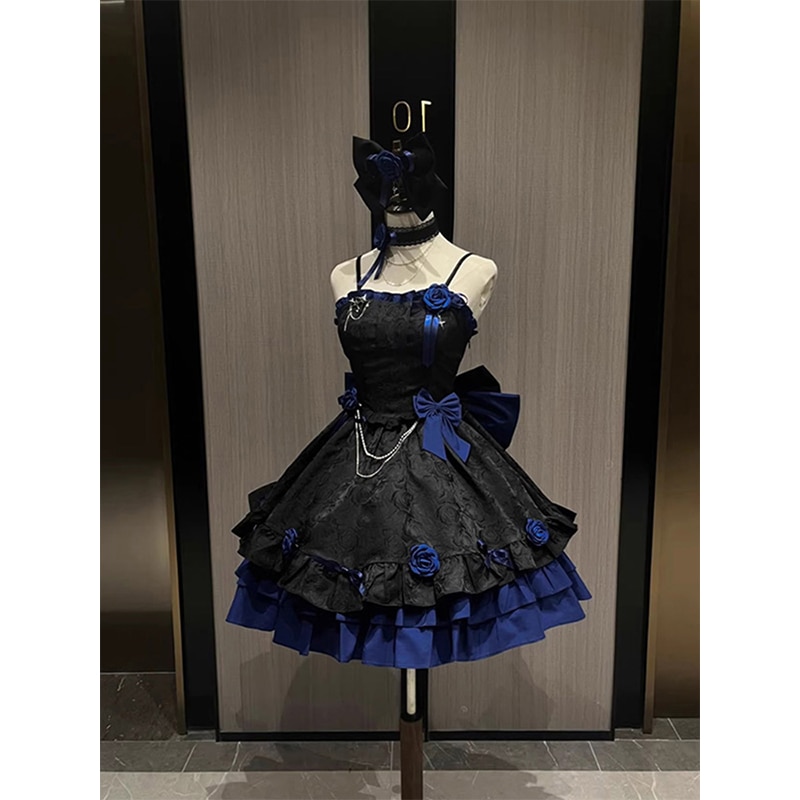 黒と青のゴスロリドレス女性jskロマンチックドレスロリータ重工ハロウィン衣装 黒と青のゴスロリドレス女性jskロマンチックドレスロリータ重工ハロウィン衣装