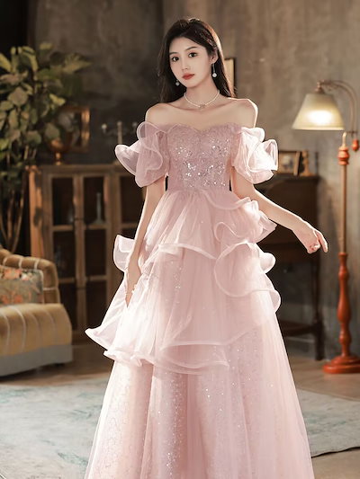 パーティードレス ピンク 結婚式 ビジュー エレガント 韓国 KH-0580pink【結婚式 カラードレス レンタル】 – 結婚式準備