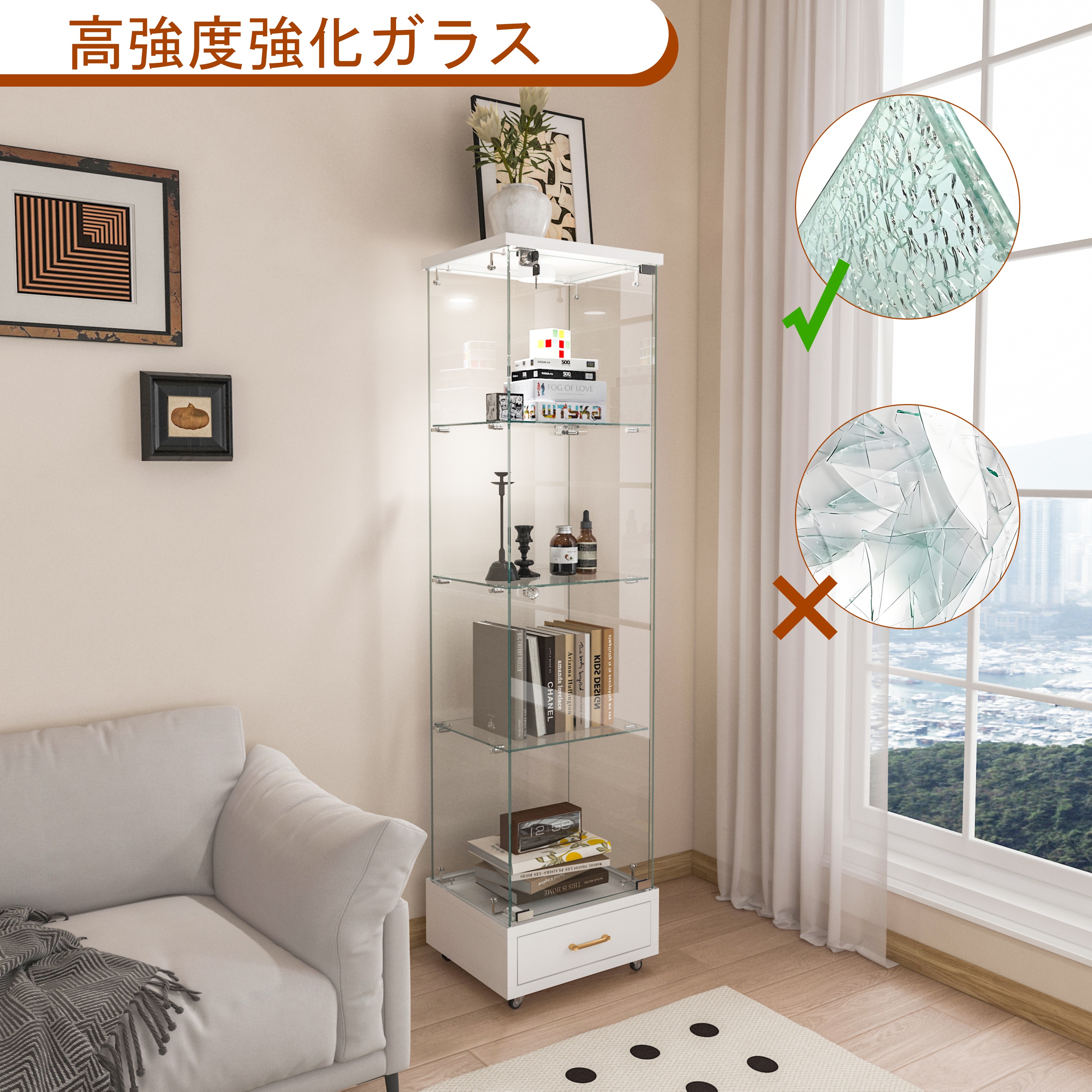 LED照明＆引き出し付き ガラスディスプレイキャビネット鍵付き強化