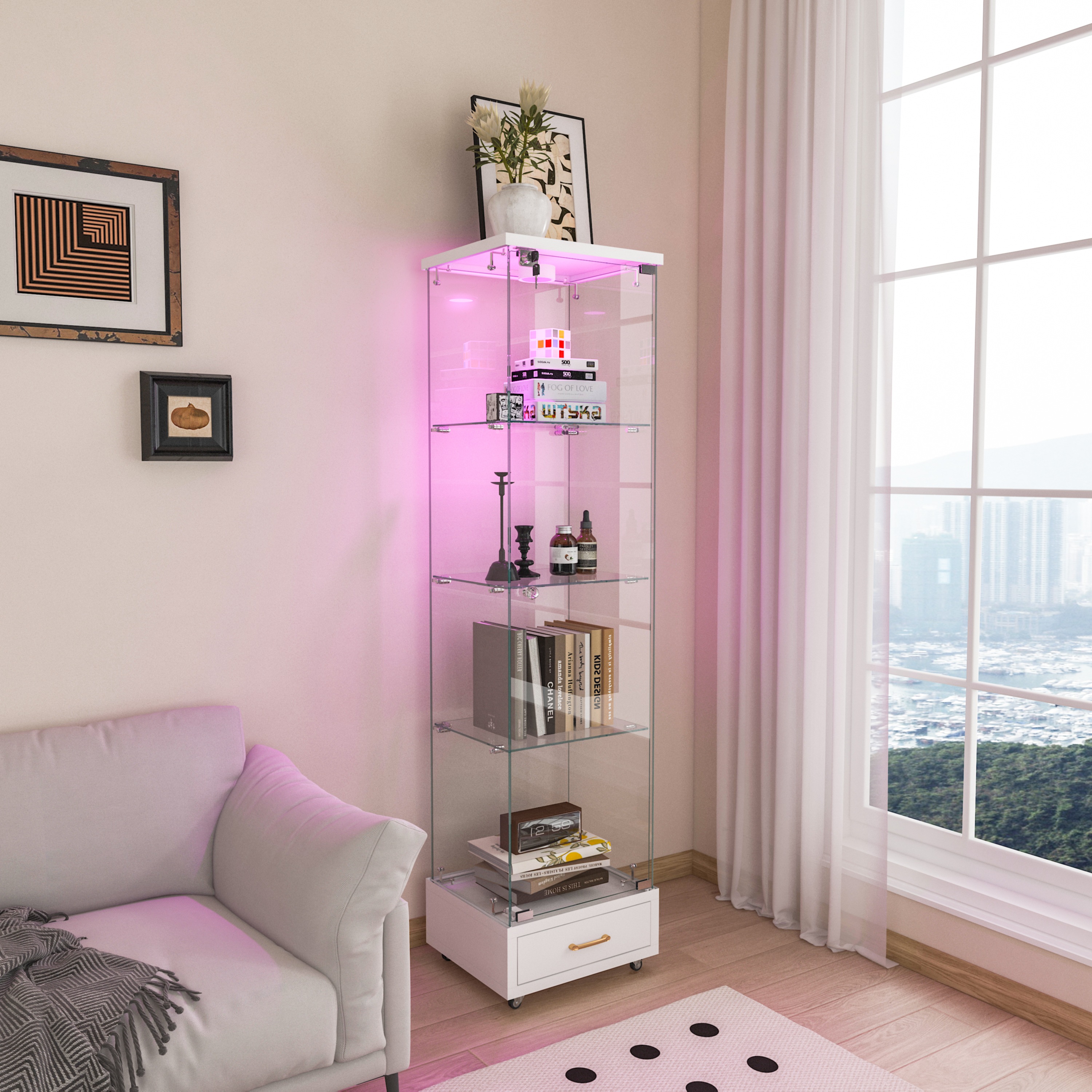 LED照明＆引き出し付き ガラスディスプレイキャビネット鍵付き強化