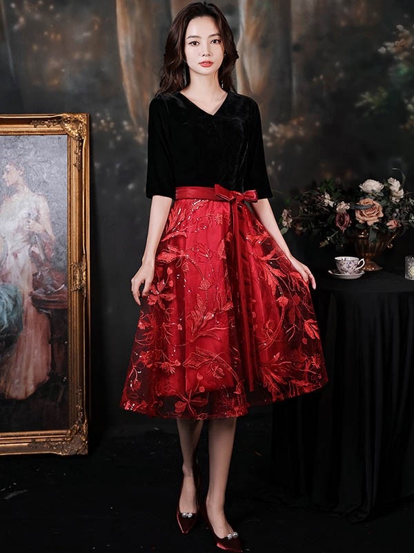 ドレス ショート丈 ひざ丈ドレス 演奏会 ピアノ 発表会 5分袖付き 袖