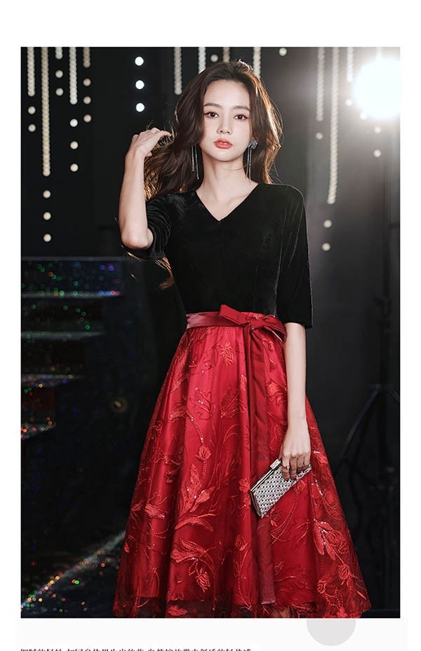 ドレス ショート丈 ひざ丈ドレス 演奏会 ピアノ 発表会 5分袖付き 袖あり スエード Aライン Vネック ファスナー フェミニン エレガント大きいサイズ 5L 大人 母親 結婚式 体型カバー 謝恩会 卒業式 誕生日会 ステージ 20代 30代 40代 黒 ブラック レッド 赤 da218x1x1zr ドレス ショート丈 ひざ丈ドレス 演奏会 ピアノ 発表会 5分袖付き 袖