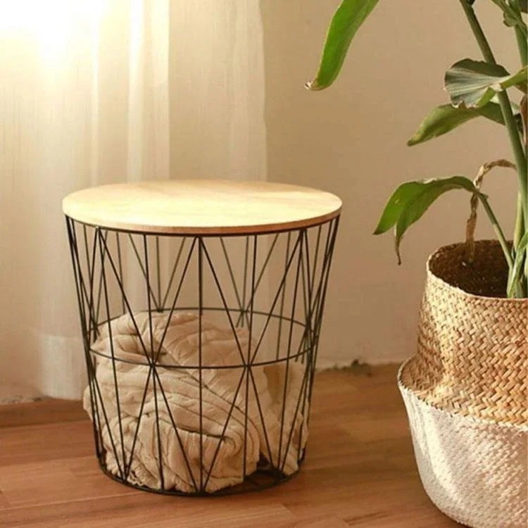 丸型 ミニテーブル イス 円形 リビング ベットサイドテーブル カゴ サイドテーブル バスル ワイヤー ナイトテーブル バスケット 蓋付き 収納 寝室