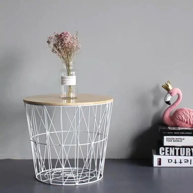 丸型 ミニテーブル イス 円形 リビング ベットサイドテーブル カゴ サイドテーブル バスル ワイヤー ナイトテーブル バスケット 蓋付き 収納 寝室