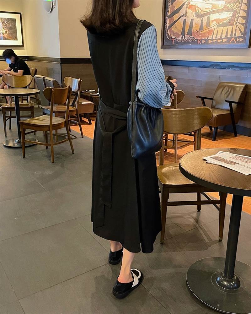 シャツ ワンピース 黒 ストライプ 切り替えデザイン ロング