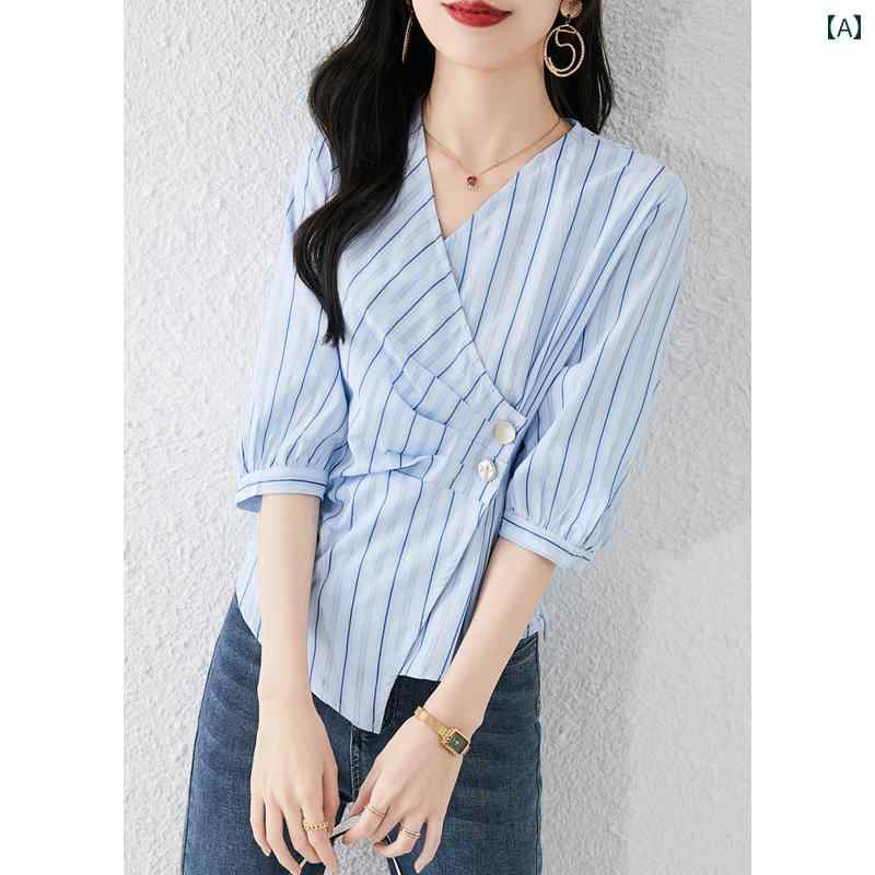 トップス レディース おしゃれ 上品 通勤 オフィス カジュアル 夏 ストライプ 不規則 シャツ Vネック スリーブ 右 肩 薄手 涼しい 涼しい トップス レディース おしゃれ 上品 通勤 オフィス カジュアル 夏 ストライプ 不規則 シャツ Vネック スリーブ 右 肩 薄手 涼しい 涼しい