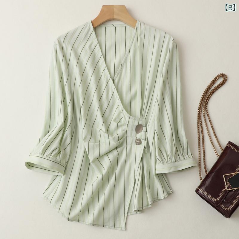 トップス レディース おしゃれ 上品 通勤 オフィス カジュアル 夏 ストライプ 不規則 シャツ Vネック スリーブ 右 肩 薄手 涼しい 涼しい トップス レディース おしゃれ 上品 通勤 オフィス カジュアル 夏 ストライプ 不規則 シャツ Vネック スリーブ 右 肩 薄手 涼しい 涼しい