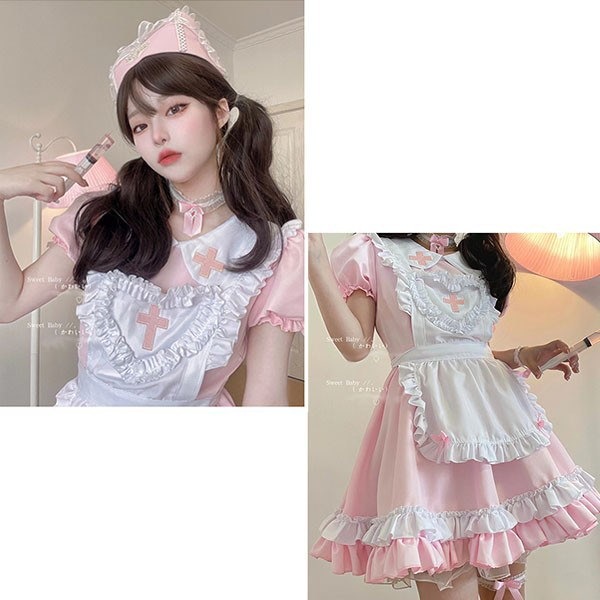 ナース風メイド服可愛いコスプレ衣5点セットメイドエプロン大人セクシーコスチュー