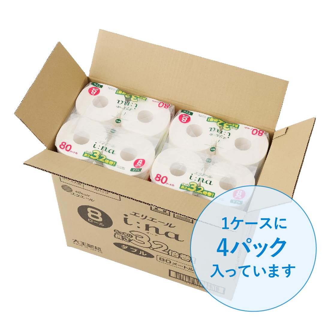 エリエール トイレットペーパー i:na(イーナ) 3.2倍巻き 80m×32ロール (8ロール×4パック) ダブル パルプ100% 華やかなフローラルの香り 【ハーフケース】 エリエール トイレットペーパー i:na(イーナ) 3.2倍巻き 80m×32ロール (8ロール×4パック) ダブル パルプ100% 華やかなフローラルの香り 【ハーフケース】