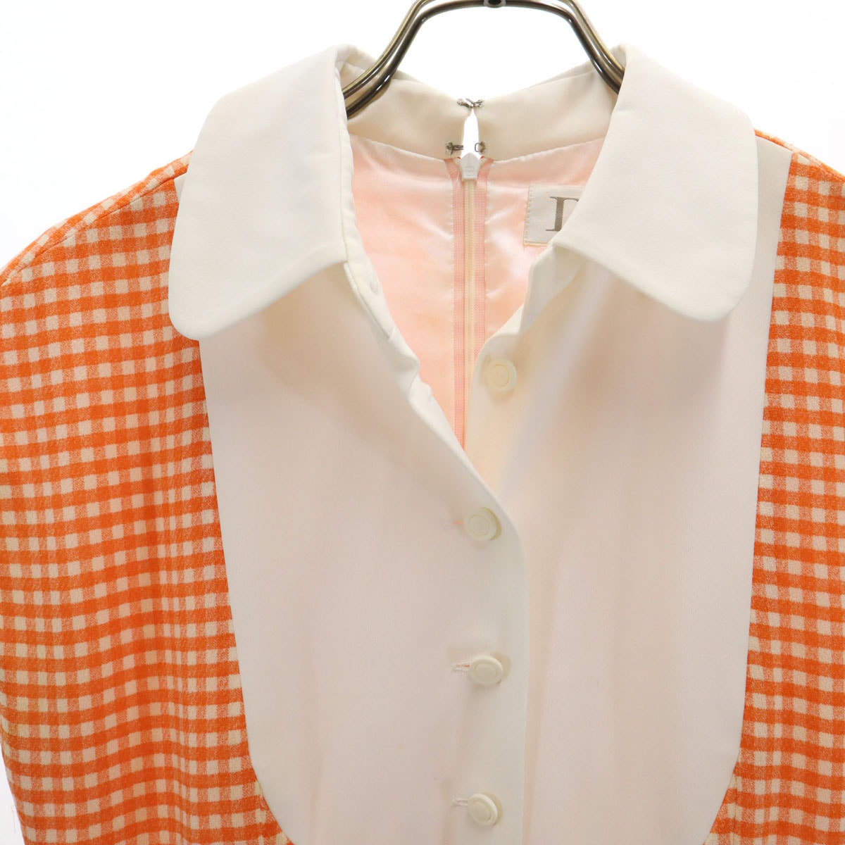 Mademoiselle Dior マドモアゼル ディオール 90s オールド ギンガムチェック柄 フレンチスリーブ ミニワンピース M オレンジ レディース 古着