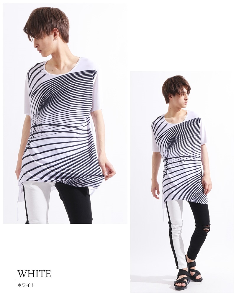 送料無料AS SUPER SONIC日本製 裾テープ使いロング丈プリントＴシャツ[a-426117]ストレッチ カットソー 丈長 クルーネック ロング ビッグ ワイド ロングＴシャツ 国産 無