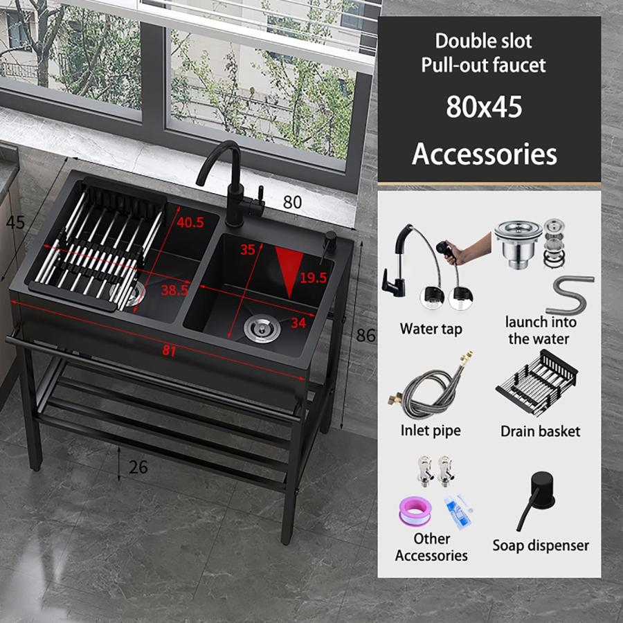 黒 流し台,自立型 シンク 流し台,台所用流し台304ステンレス製流し台,大容量自立型シンク ,2つのボウルを備えたステンレス製シンク,蛇口付き 商業流し台 黒 流し台,自立型 シンク 流し台,台所用流し台304ステンレス製流し台,大容量自立型シンク ,2つのボウルを備えたステンレス製シンク,蛇口付き 商業流し台